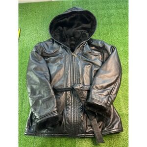 Wilson Womens Black Leather Coat Hooded Belted Fur Lined Winter Warm Jacket XL